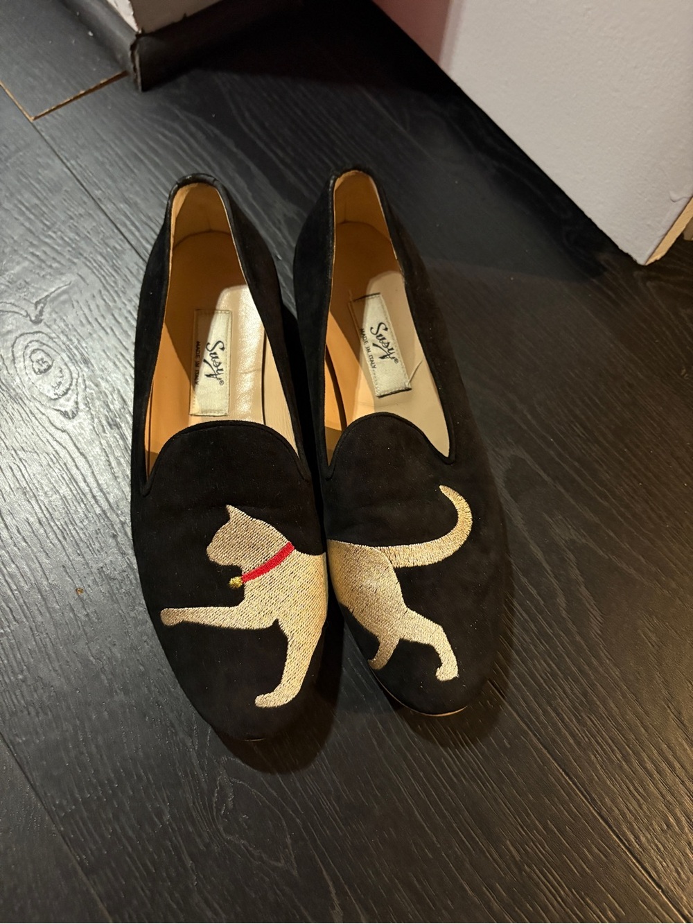 Black Suede Loafers with Gold Cat Embroidery and Red Collar